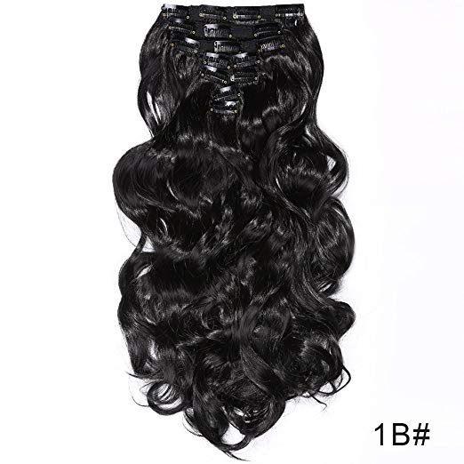 BARSDAR 17" Long Curly 7Pcs 16Clips Full Head Clip in Synthetic Hair Extensions Hairpieces for Women 150g (1B#Off Black)